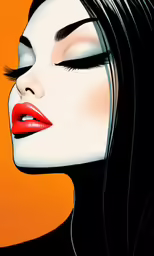 a drawing of a woman with black hair and red lipstick