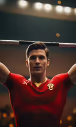 a male soccer player is holding his barbell in one hand