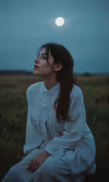 the woman is sitting in the grass outside