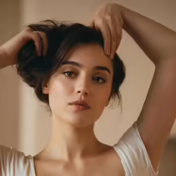 woman in white shirt holding her hair with one hand
