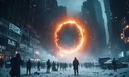 a photo of people standing in the middle of a city