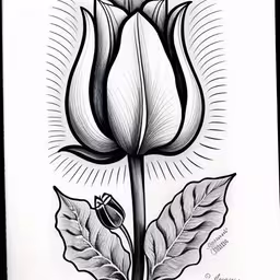 a drawing of a flower and a leaf,a black and white drawing of a flower with leaves