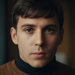 the man looks up at the camera with big blue eyes