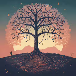 a lone person stands next to a tree with roots spread,the person is standing on top of the hill under a tree