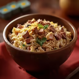 a bowl filled with pasta and sausage on top of a table