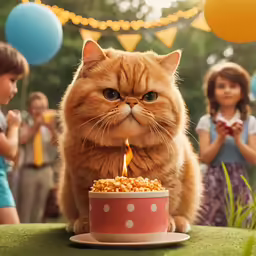the cat is in front of the birthday cake