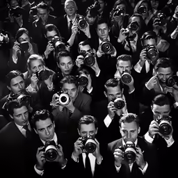 a group of people holding up cameras with their mouths open