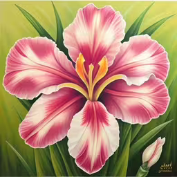 a painting of a flower on canvas in pastel tones,a painting of a large pink flower on a green background,a painting of pink flowers with leaves on green background,a flower painted on canvas with oil paint,a picture of a painting of a pink flower