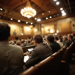 audience in auditorium watching conference on lap top computer