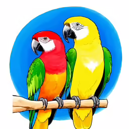 two brightly colored parrots sit atop a tree branch