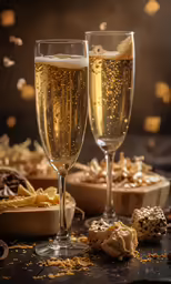 a couple of glasses filled with champagne sitting on top of a table