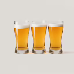 three beer glasses are shown in three different angles