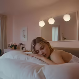 a young woman laying on top of a bed