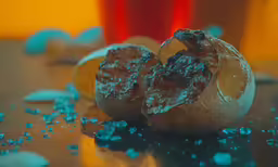 two peeled oranges sitting on top of a counter with ice
