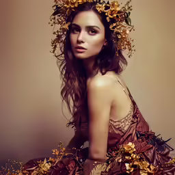 an elegant young lady is dressed up with golden floral decorations