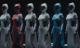 eight female mannequins dressed in futuristic garb