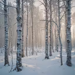 a wooded area with a number of trees and snow covered ground