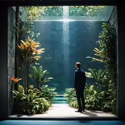 man standing in an aquarium surrounded by plants