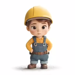 the doll is wearing an overall and helmet