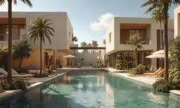 an indoor pool surrounded by palm trees is shown