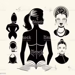 a woman with four facial expressions, a book and other body shapes,woman