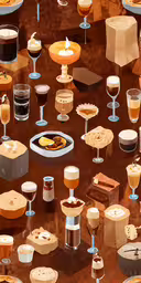 many different images of plates and cups on a table,a table filled with pies, dessert and drinks
