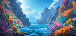 a painting of a colorful scenery with waves crashing in to shore