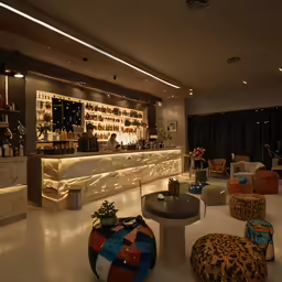 a large room has a well lit bar and chairs