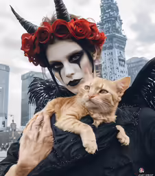 woman wearing black dress and orange kitty with horns on head holding cat