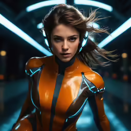 a woman in an orange latex outfit on the set of star trek beyond