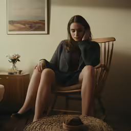 a woman sitting in a wooden chair on a phone