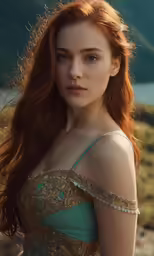 a woman with red hair is wearing a blue gown