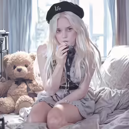 a blonde haired girl is sitting on the bed