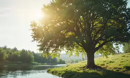 the sun shining on a grassy hill above a river