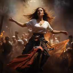 a woman is riding a motorcycle, with arms outstretched in a steam punk fashion