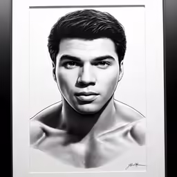 a black and white photo of a man in a framed artwork print
