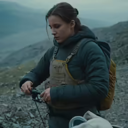 woman with camera on rock in mountainous area