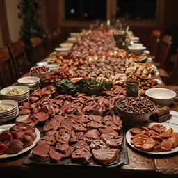 a table covered with lots of food and dishes