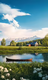 a canoe sits on a lake in front of a farm