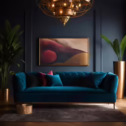 an eclectic living room with a teal velvet couch and copper accent lamps