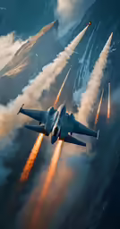 an air force fighter jet leaving exhaust trail