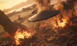 an umbrella is on fire in front of an open field