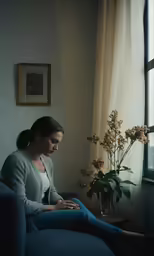 a woman is sitting on a chair next to a plant