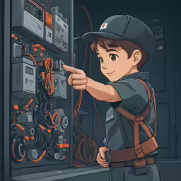 boy in baseball cap pointing at electrical panel