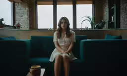 a woman is sitting on a blue couch