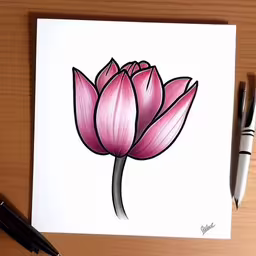 the drawing is next to a pen and ink,drawing of a pink flower with marker pens
