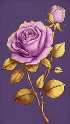 a pink rose is in the center of purple background,a large pink rose with gold trim on a purple background