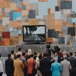 a crowd of people standing in front of a flat screen television