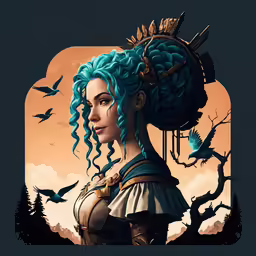 the illustration shows an avatar of a woman in a blue hat with birds on it