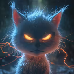 a small cat with bright yellow eyes and furry fur